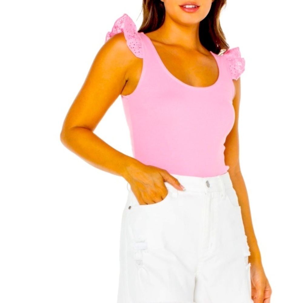 Celebrity Pink Eyelet Ruffle Bodysuit Size L